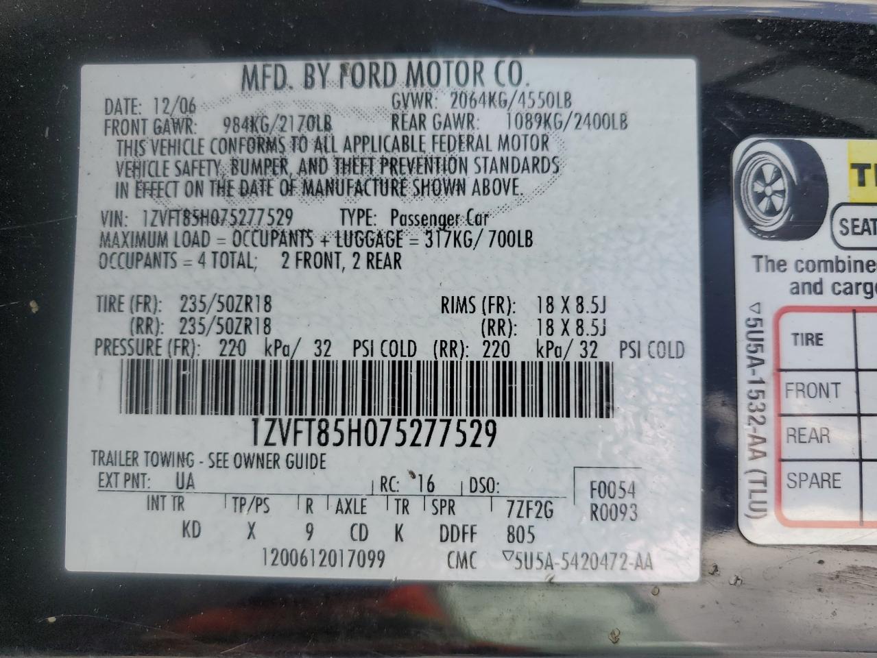 2007 Ford Mustang VIN 1ZVFT85H075277529 Copart auction photo, front end / undercarriage damage thumbnail 12