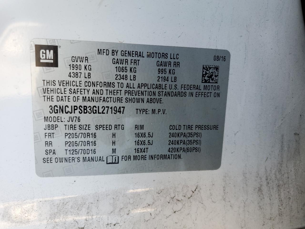2016 Chevrolet Trax VIN 3GNCJPSB3GL271947 Copart auction photo, front end / side damage thumbnail 15