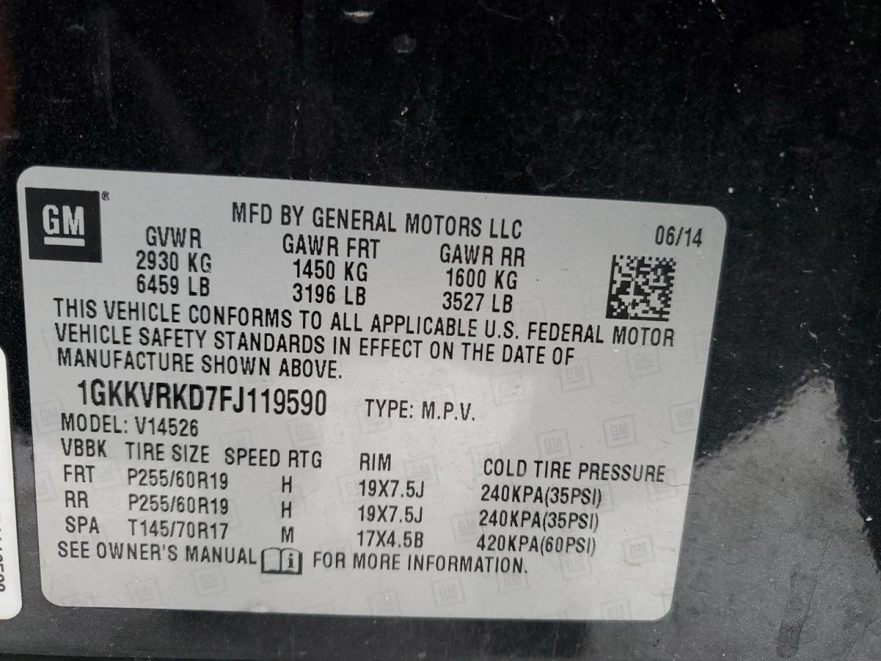 2015 GMC Acadia VIN 1GKKVRKD7FJ119590 Copart auction photo, front end / rear end damage thumbnail 13
