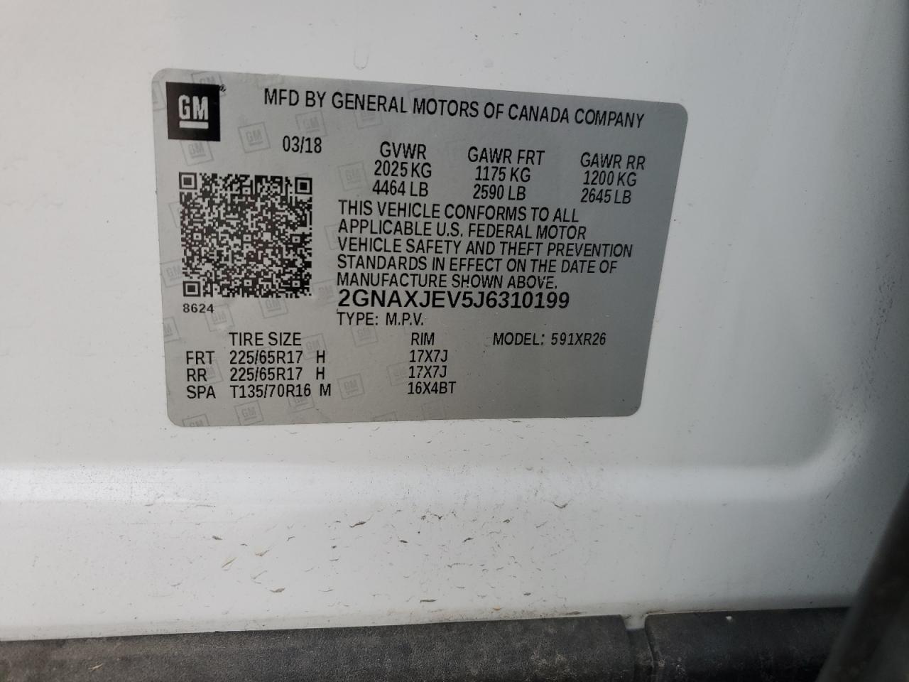 2018 Chevrolet Equinox VIN 2GNAXJEV5J6310199 Copart auction photo, front end damage thumbnail 16