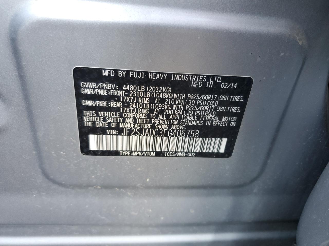 2015 Subaru Forester VIN JF2SJADC3FG406758 Copart auction photo, rear end damage thumbnail 13