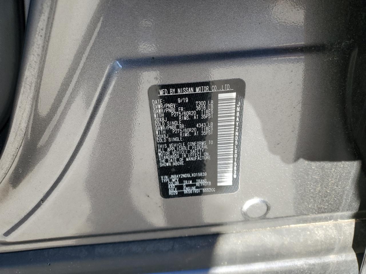 2020 Nissan Armada VIN JN8AY2ND5LX015839 Copart auction photo, all over damage thumbnail 14
