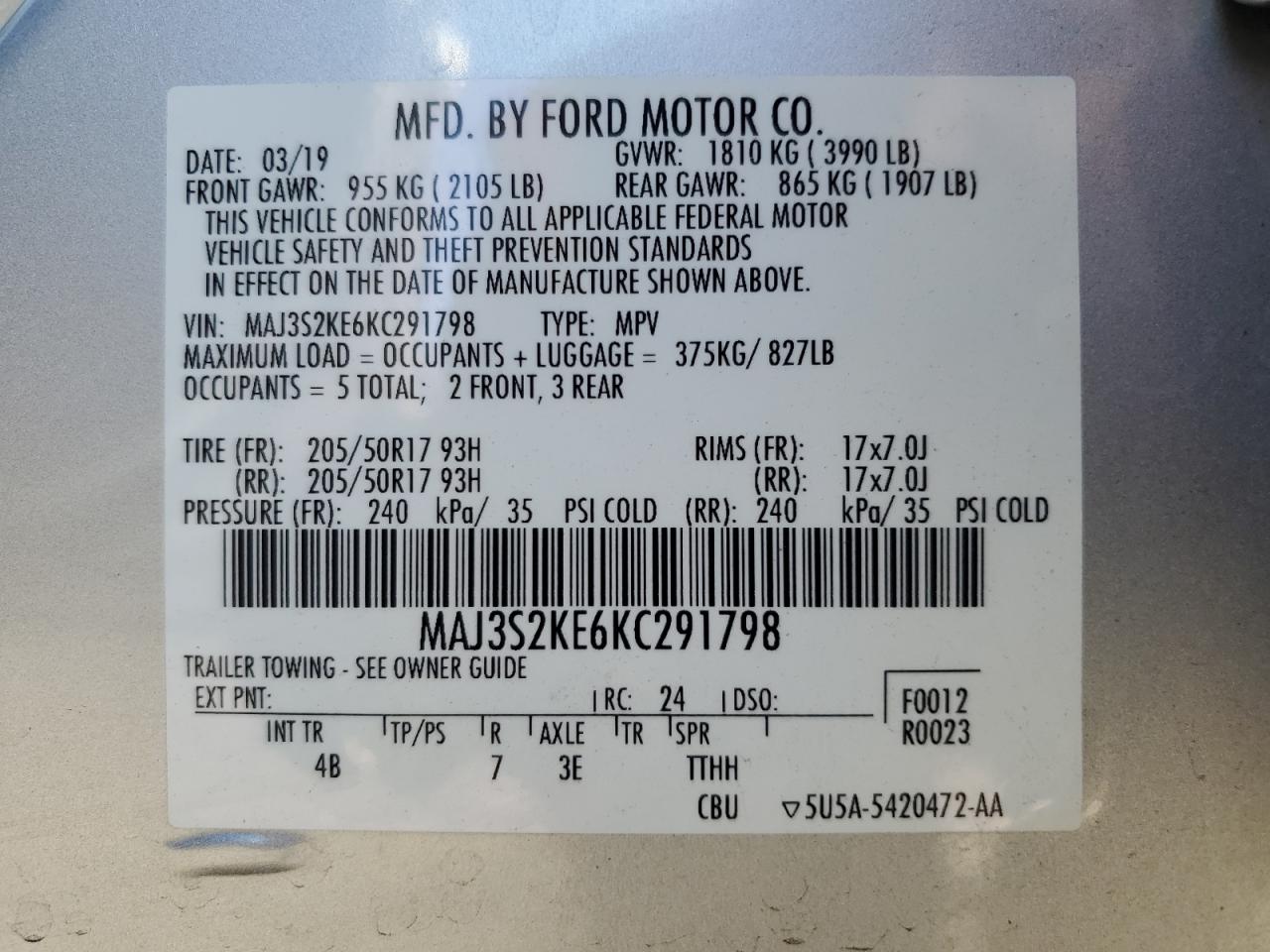 2019 Ford EcoSport VIN MAJ3S2KE6KC291798 Copart auction photo, front end damage thumbnail 15