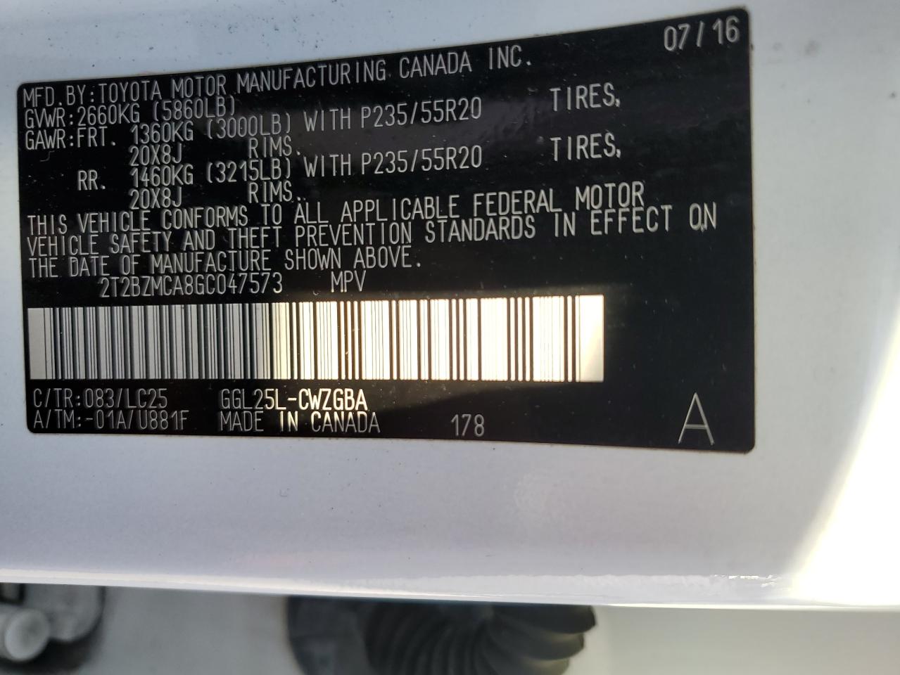 2016 Lexus RX VIN 2T2BZMCA8GC047573 Copart auction photo, water/flood damage thumbnail 14