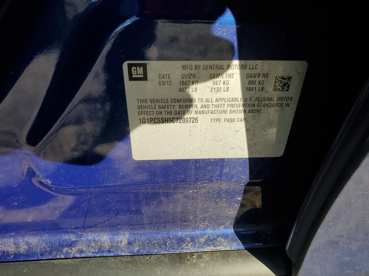 2012 Chevrolet Cruze VIN 1G1PC5SH5C7289726 Copart auction photo, side / front end damage thumbnail 14