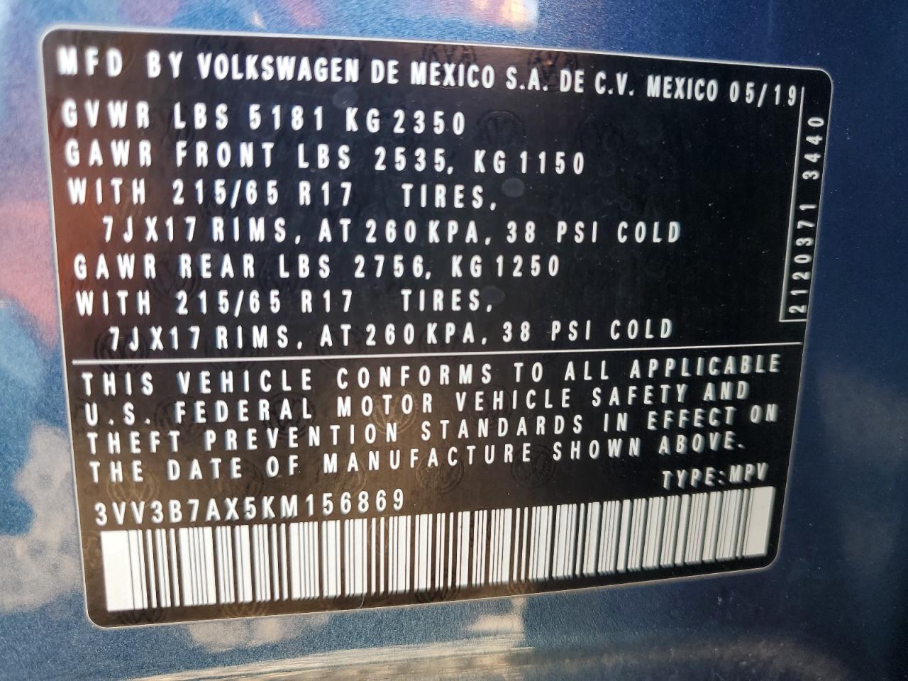 2019 Volkswagen Tiguan VIN 3VV3B7AX5KM156869 Copart auction photo, front end damage thumbnail 16