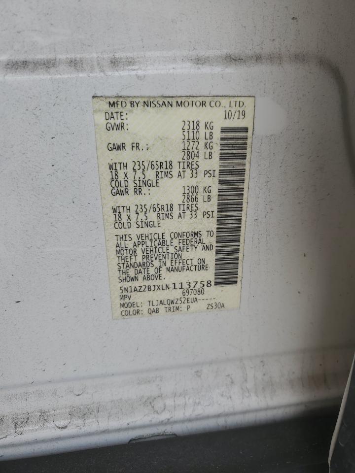 2020 Nissan Murano VIN 5N1AZ2BJXLN113758 Copart auction photo, frame damage / front end damage thumbnail 14