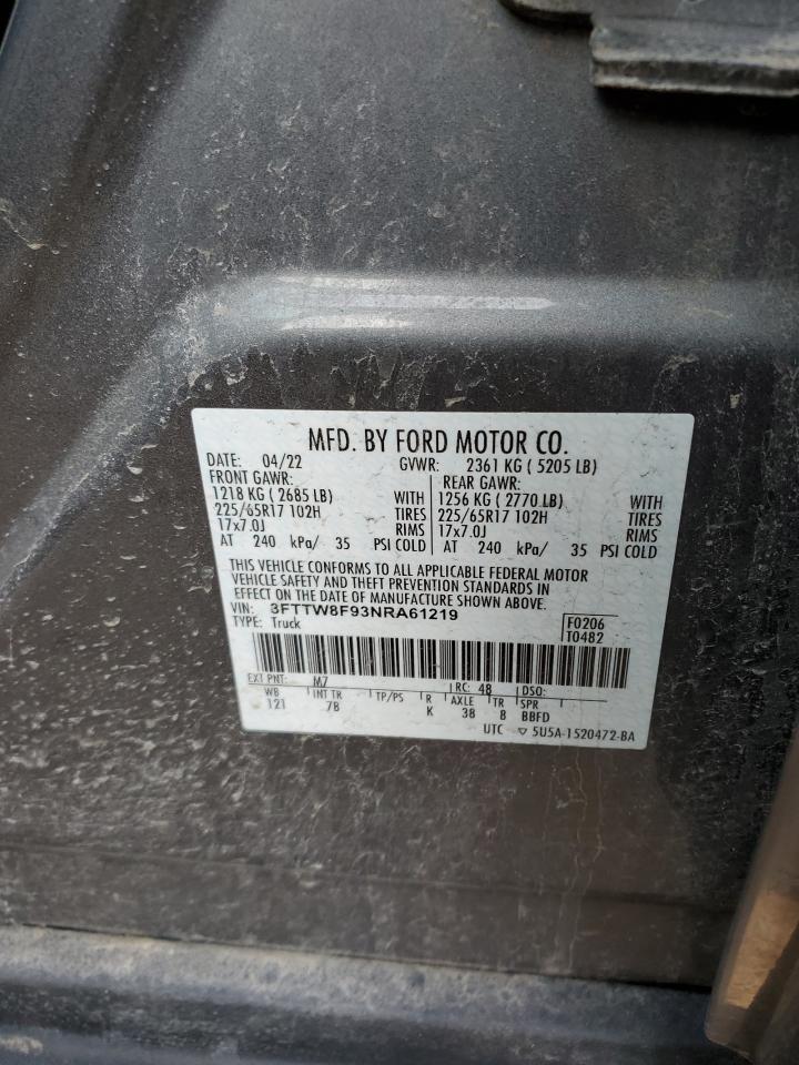 2022 Ford Maverick VIN 3FTTW8F93NRA61219 Copart auction photo, front end / rear end damage thumbnail 12