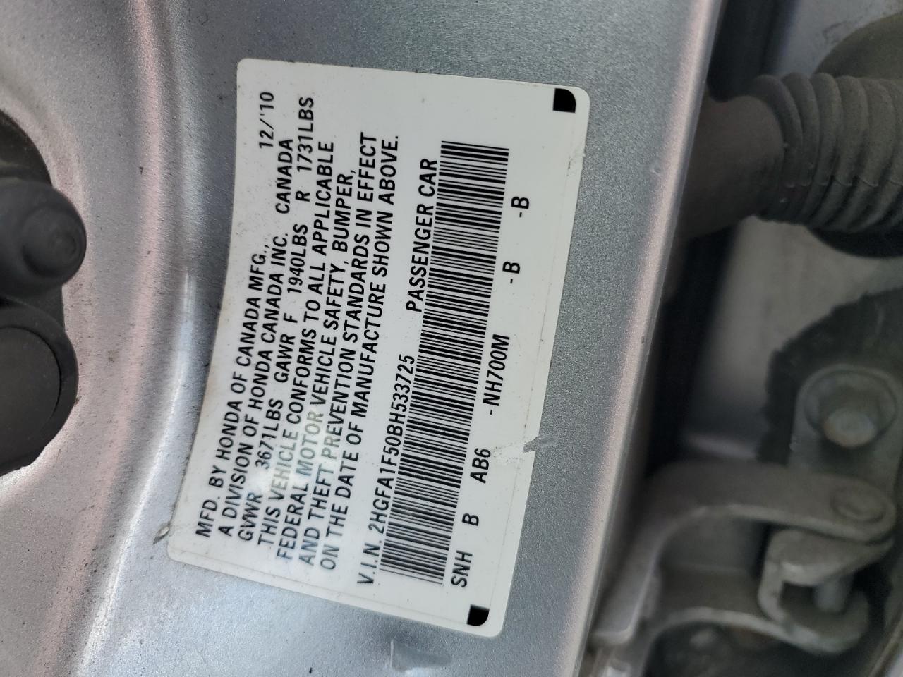 2011 Honda Civic VIN 2HGFA1F50BH533725 Copart auction photo, front end damage thumbnail 13