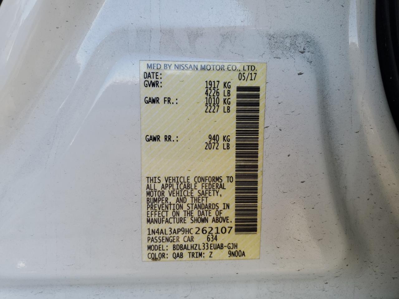 2017 Nissan Altima VIN 1N4AL3AP9HC262107 Copart auction photo, front end damage thumbnail 14