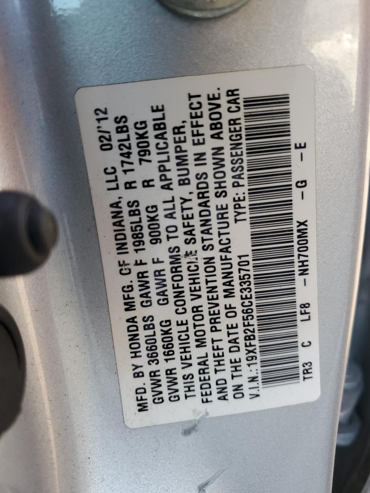 2012 Honda Civic VIN 19XFB2F56CE335701 Copart auction photo, front end / minor dent/scratches damage thumbnail 13