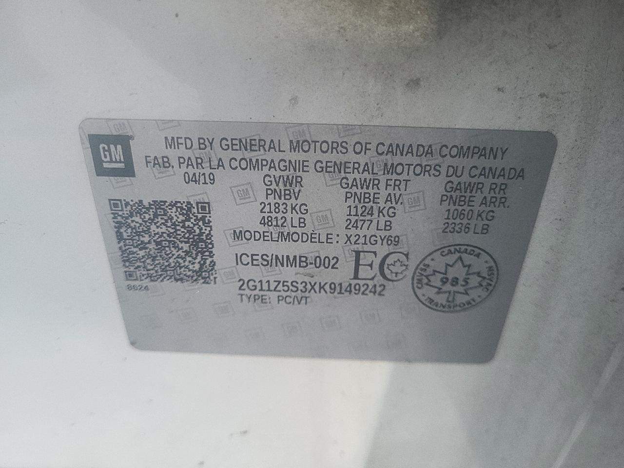 2019 Chevrolet Impala VIN 2G11Z5S3XK9149242 Copart auction photo, front end damage thumbnail 12