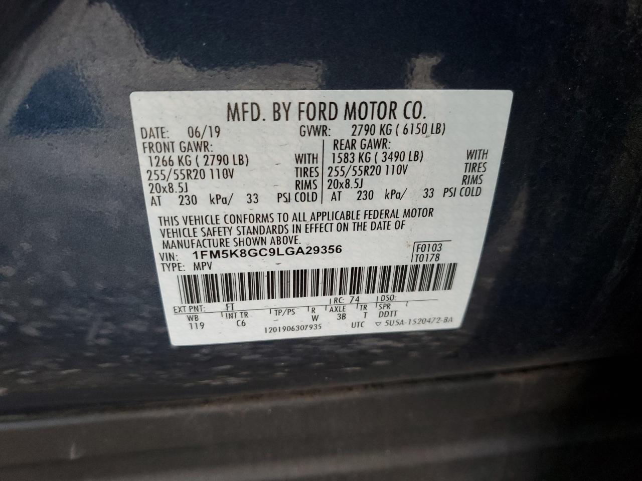2020 Ford Explorer VIN 1FM5K8GC9LGA29356 Copart auction photo, front end / rear end damage thumbnail 13