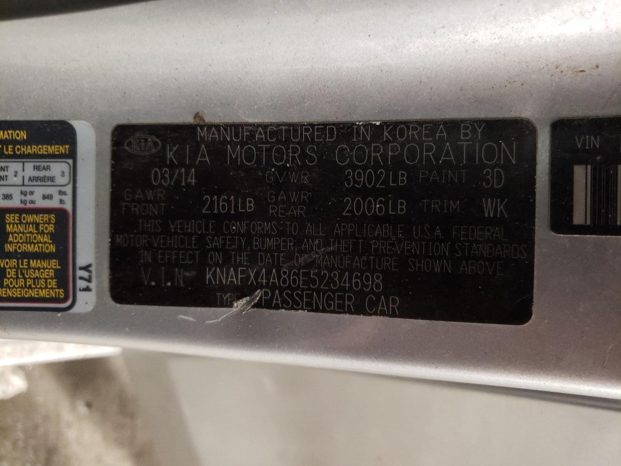 2014 KIA Forte VIN KNAFX4A86E5234698 Copart auction photo, mechanical / all over damage thumbnail 12