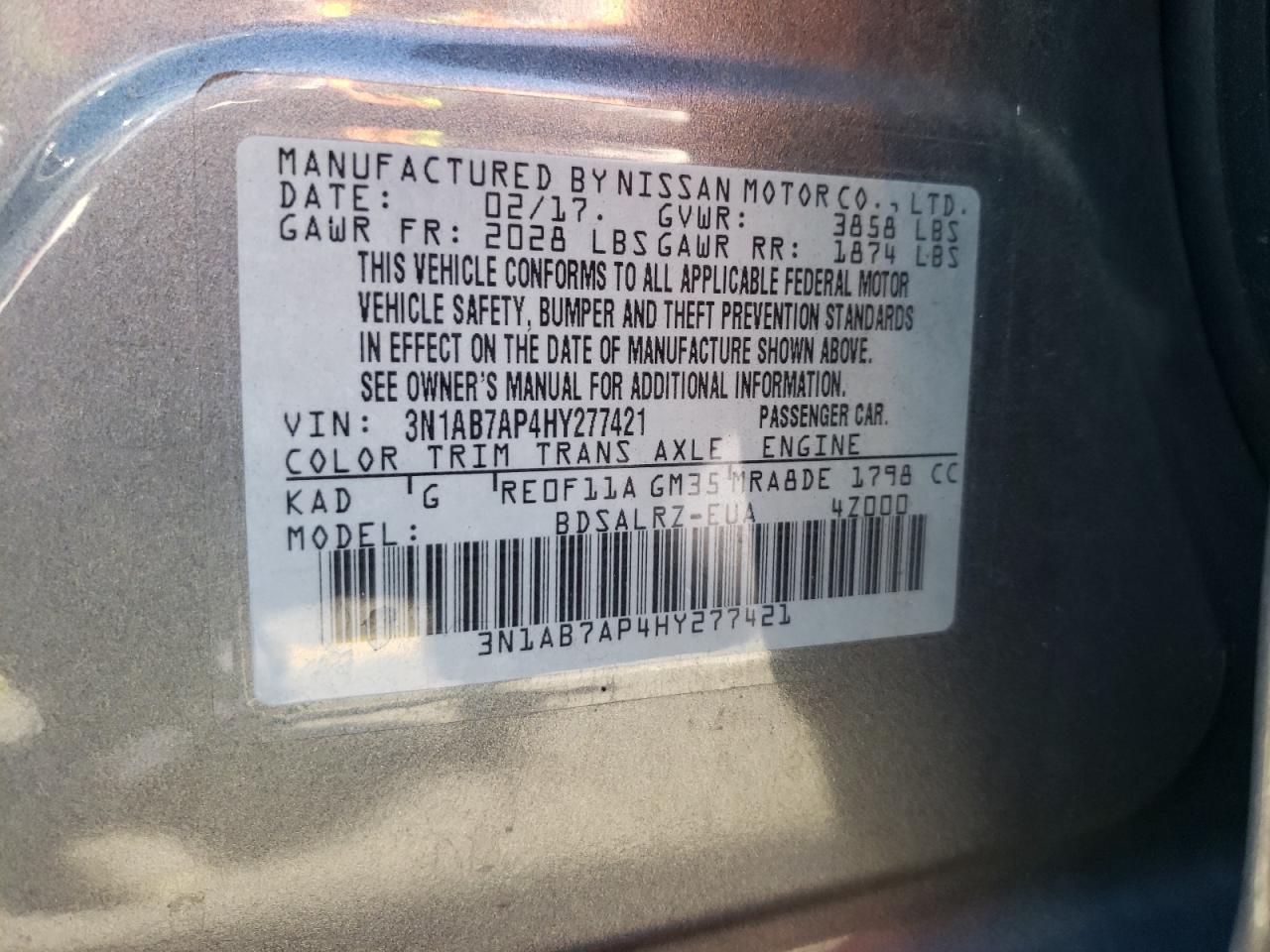 2017 Nissan Sentra VIN 3N1AB7AP4HY277421 Copart auction photo, front end damage thumbnail 12
