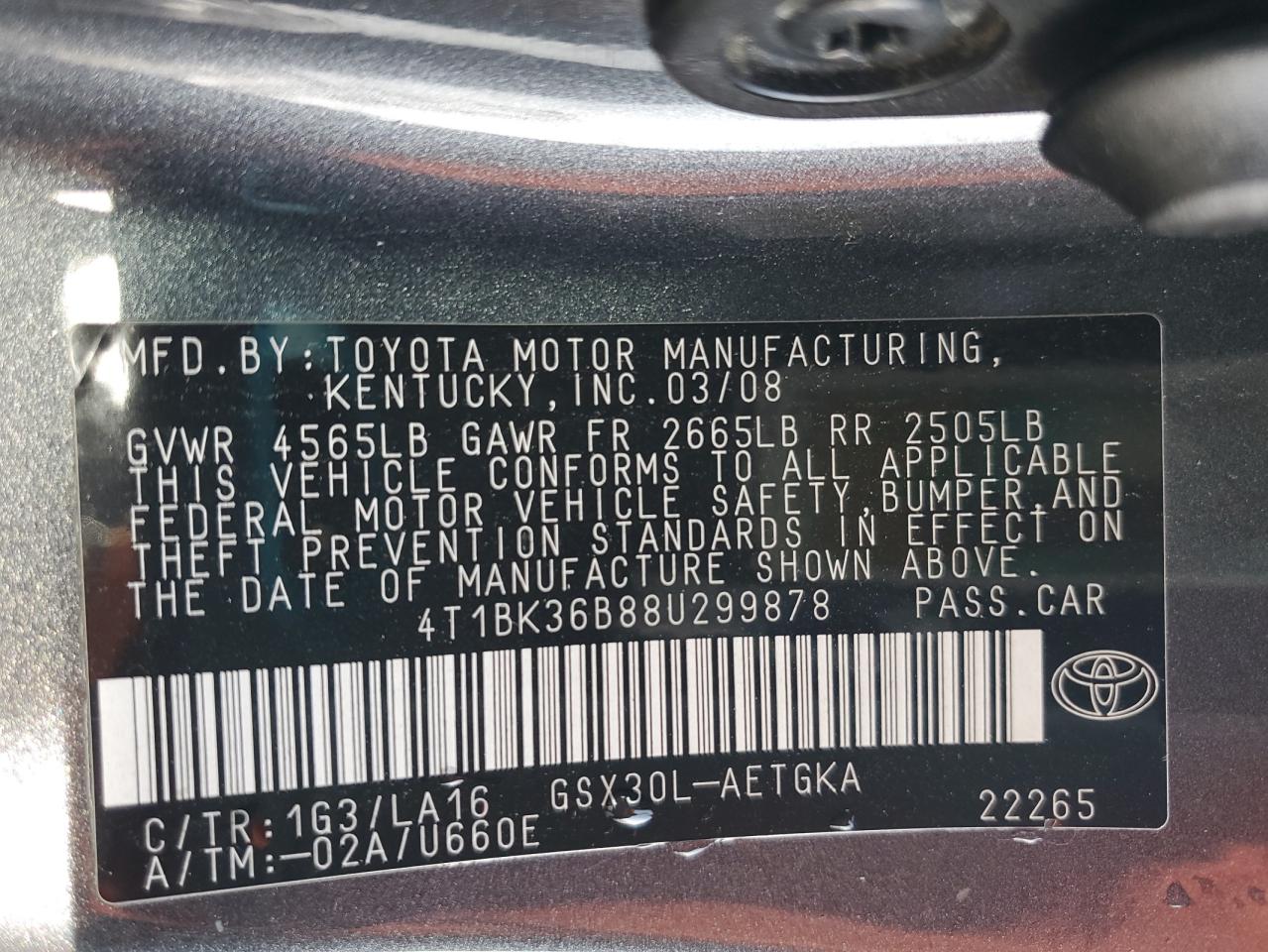 2008 Toyota Avalon VIN 4T1BK36B88U299878 Copart auction photo, front end / side damage thumbnail 12