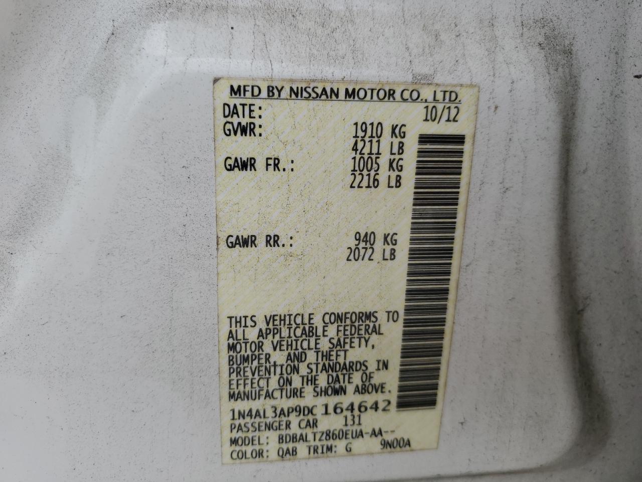 2013 Nissan Altima VIN 1N4AL3AP9DC164642 Copart auction photo, front end damage thumbnail 12