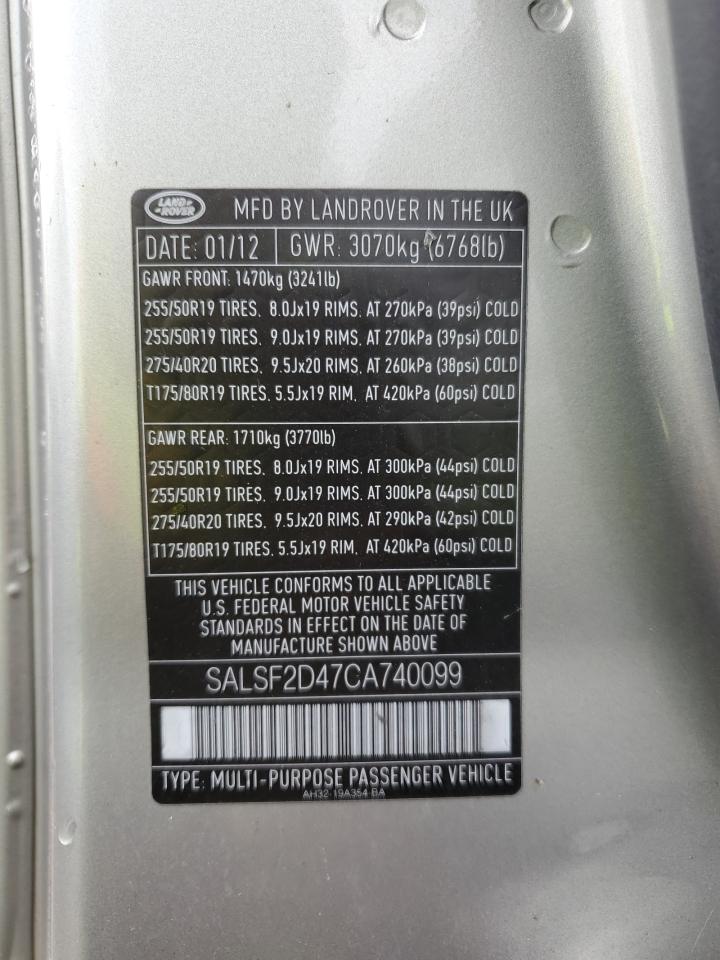 2012 Land Rover Range Rover VIN SALSF2D47CA740099 Copart auction photo, normal wear damage thumbnail 13