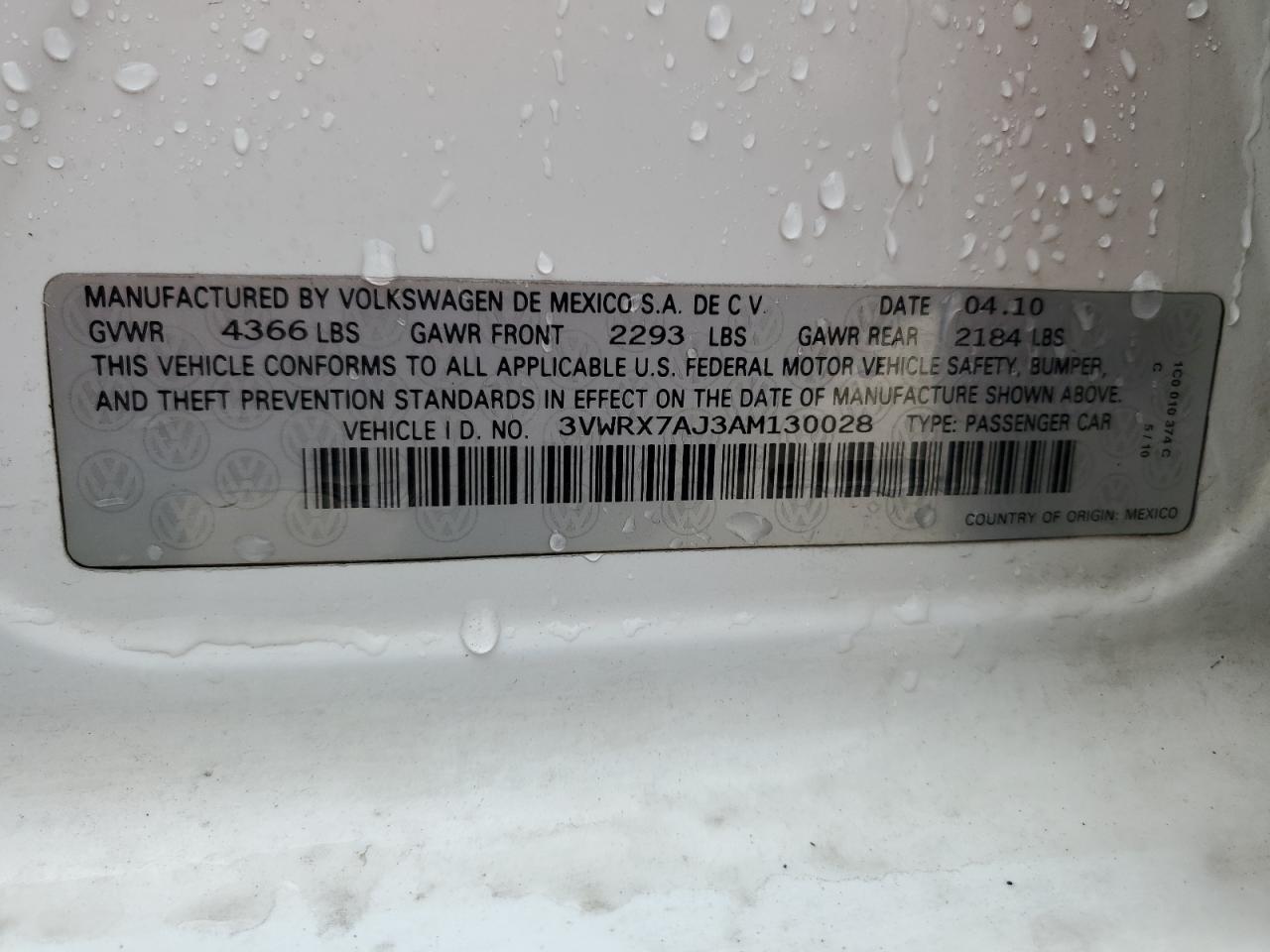 2010 Volkswagen Jetta VIN 3VWRX7AJ3AM130028 Copart auction photo, rear end damage thumbnail 12