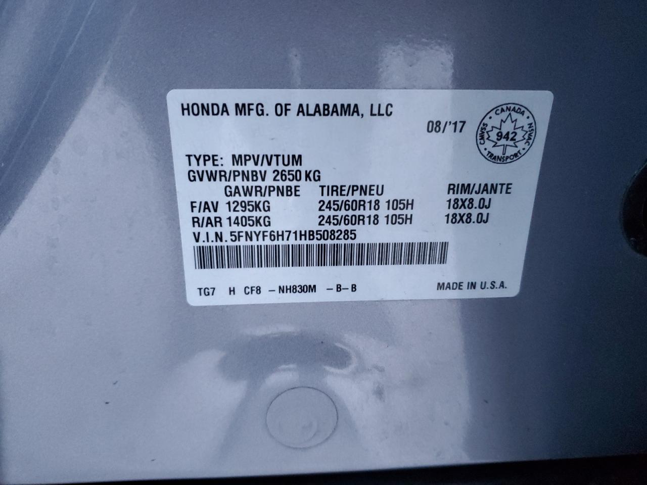 2017 Honda Pilot VIN 5FNYF6H71HB508285 Copart auction photo, front end / side damage thumbnail 14