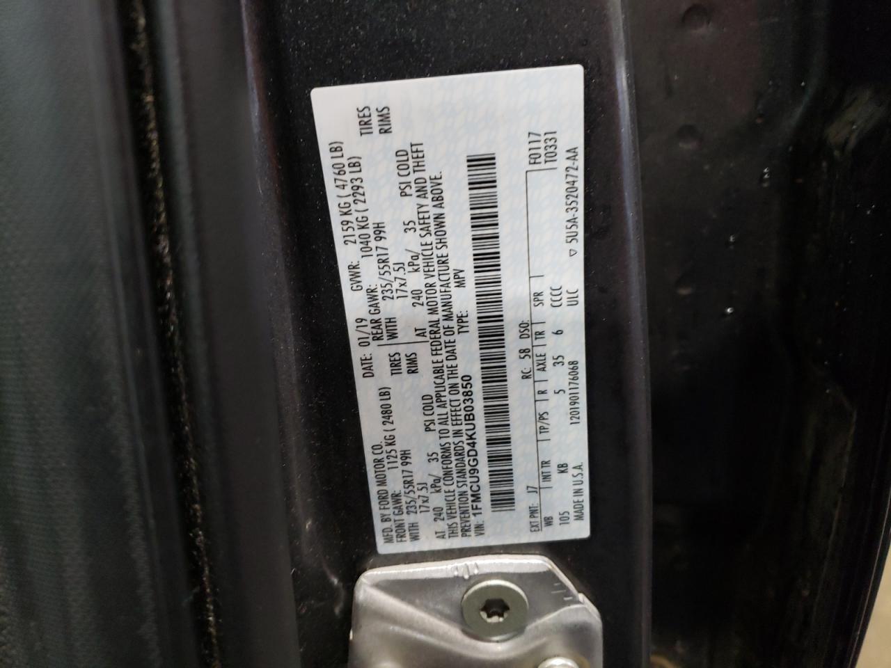 2019 Ford Escape VIN 1FMCU9GD4KUB03850 Copart auction photo, front end damage thumbnail 14
