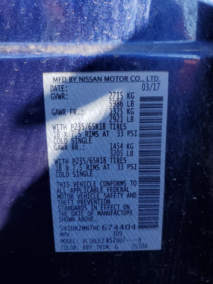 2017 Nissan Pathfinder VIN 5N1DR2MN7HC674404 Copart auction photo, mechanical damage thumbnail 13