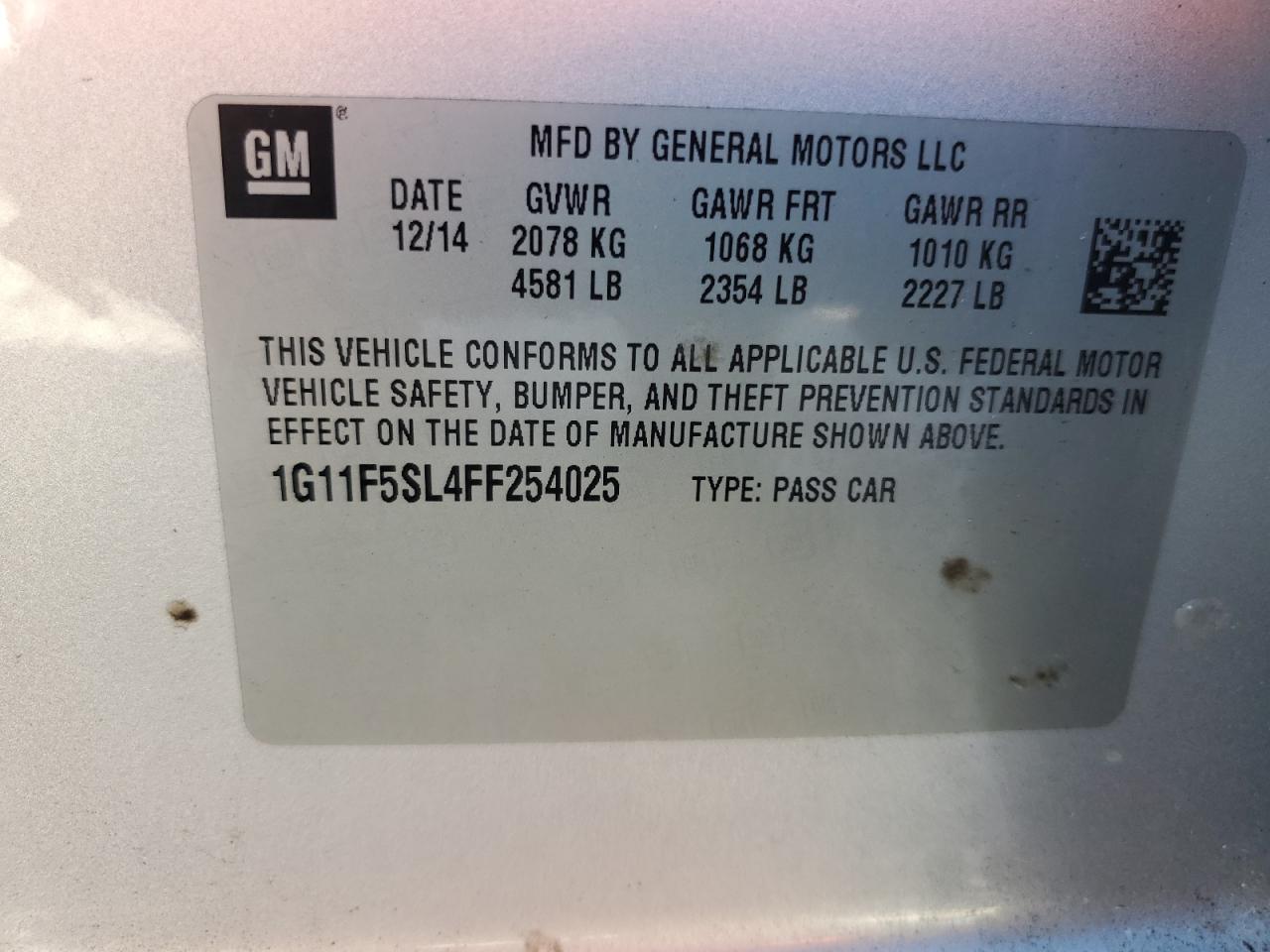 2015 Chevrolet Malibu VIN 1G11F5SL4FF254025 Copart auction photo, front end damage thumbnail 12