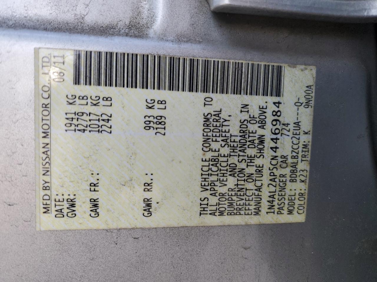 2012 Nissan Altima VIN 1N4AL2AP5CN446984 Copart auction photo, front end damage thumbnail 12