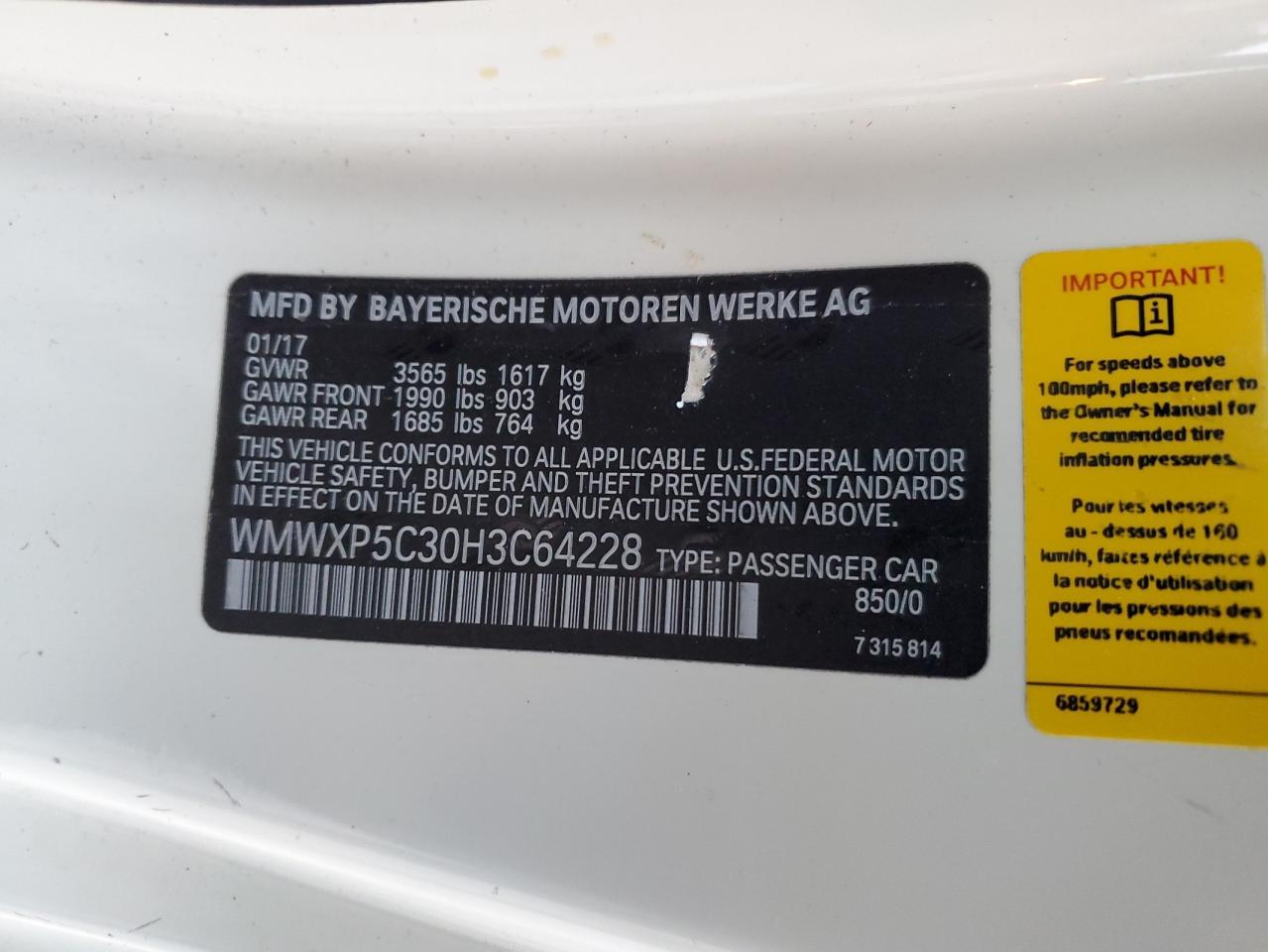 2017 MINI Cooper VIN WMWXP5C30H3C64228 Copart auction photo, all over damage thumbnail 13