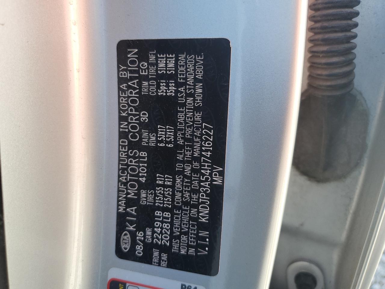 2017 KIA Soul VIN KNDJP3A54H7416227 Copart auction photo, normal wear damage thumbnail 13