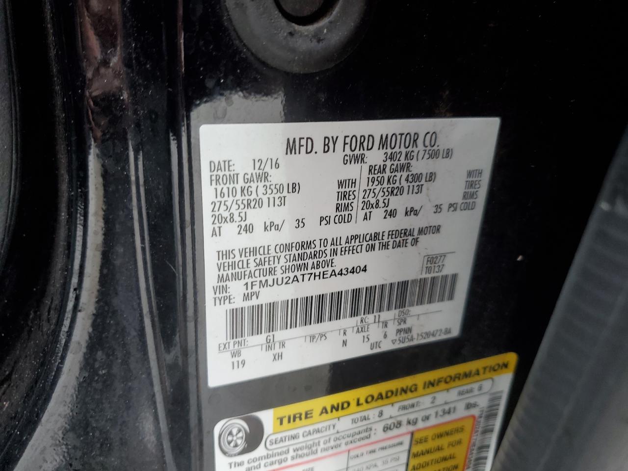 2017 Ford Expedition VIN 1FMJU2AT7HEA43404 Copart auction photo, front end / minor dent/scratches damage thumbnail 14