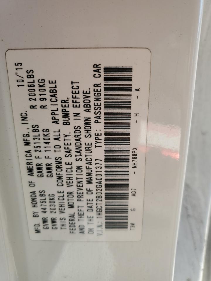 2016 Honda Accord VIN 1HGCT2B02GA001377 Copart auction photo, vandalism / all over damage thumbnail 15