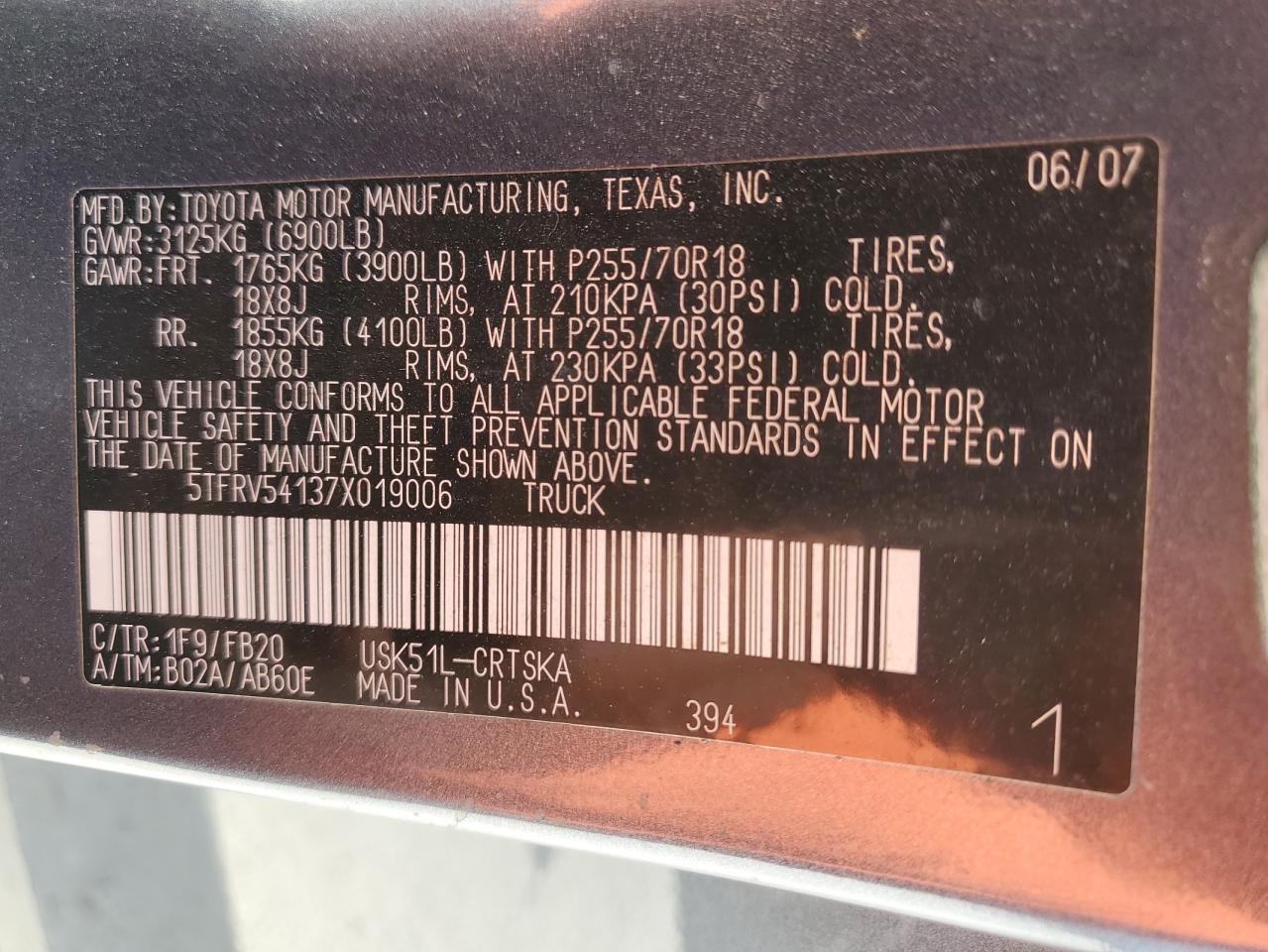 2007 Toyota Tundra VIN 5TFRV54137X019006 Copart auction photo, rear end / front end damage thumbnail 12