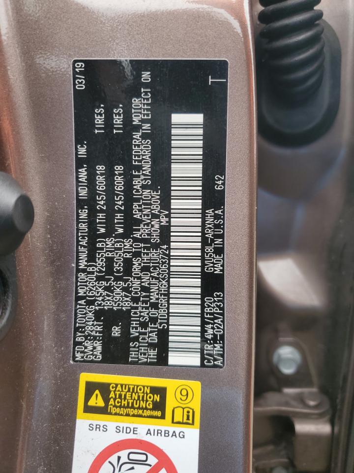 2019 Toyota Highlander VIN 5TDBGRFH6KS063724 Copart auction photo, all over damage thumbnail 13