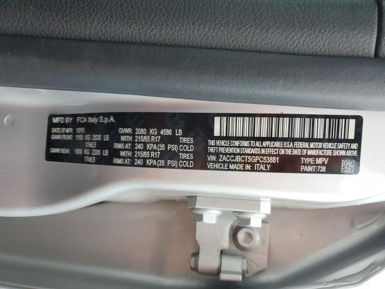 2016 Jeep Renegade VIN ZACCJBCT5GPC53881 Copart auction photo, all over damage thumbnail 13
