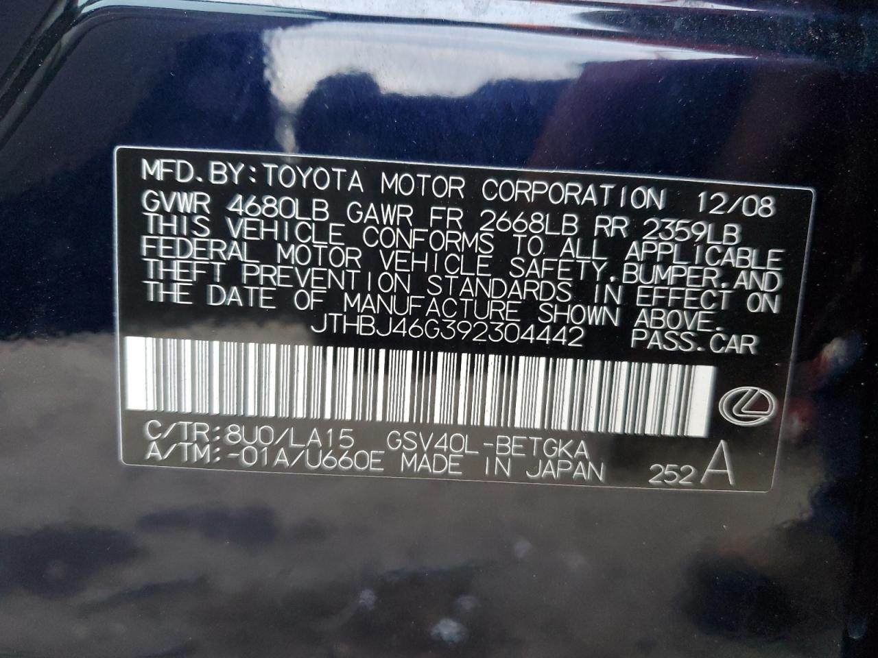 2009 Lexus ES VIN JTHBJ46G392304442 Copart auction photo, all over damage thumbnail 12