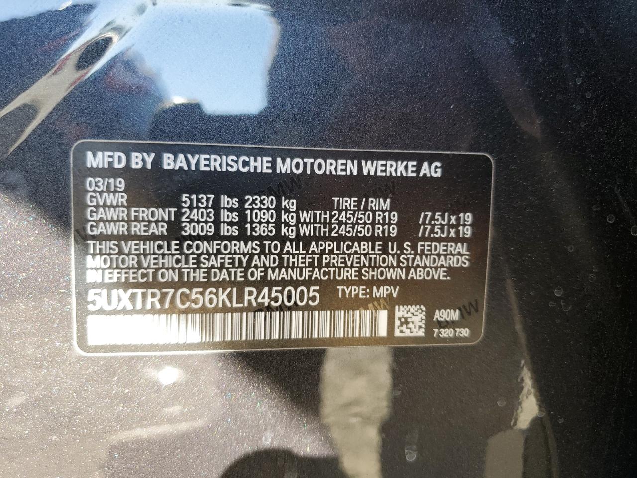 2019 BMW X3 VIN 5UXTR7C56KLR45005 Copart auction photo, front end damage thumbnail 15
