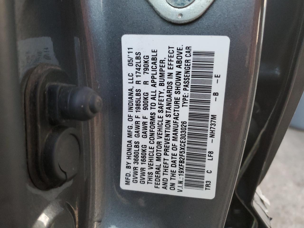 2012 Honda Civic VIN 19XFB2F5XCE303026 Copart auction photo, side damage thumbnail 14