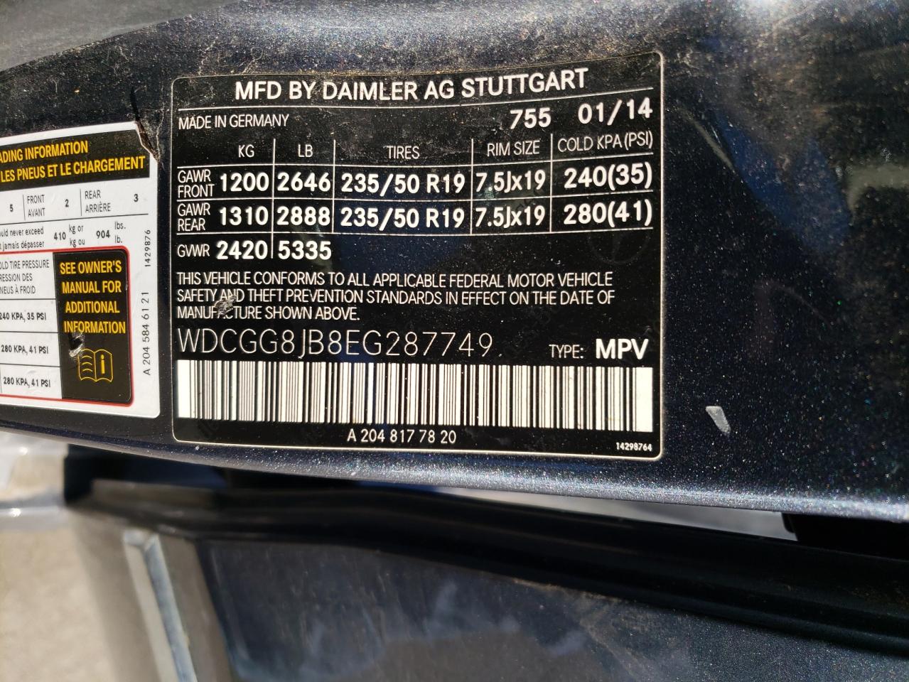 2014 Mercedes-Benz GLK-klasse VIN WDCGG8JB8EG287749 Copart auction photo, front end damage thumbnail 14