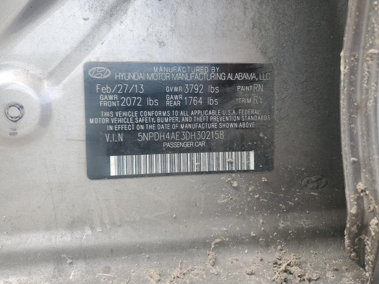 2013 Hyundai Elantra VIN 5NPDH4AE3DH302158 Copart auction photo, all over damage thumbnail 14