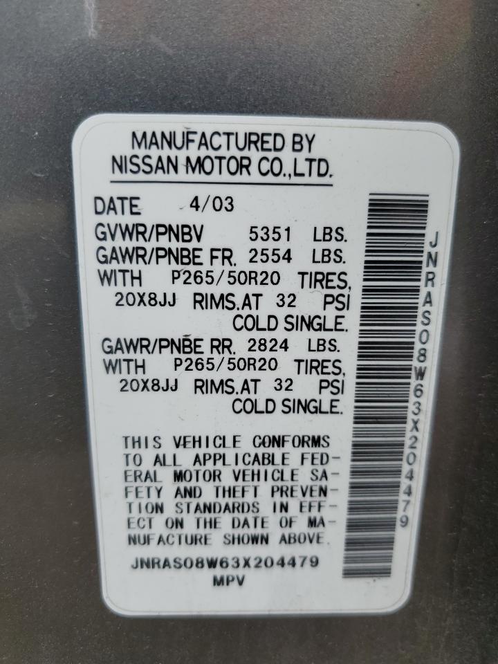 2003 Infiniti FX VIN JNRAS08W63X204479 Copart auction photo, side damage thumbnail 13