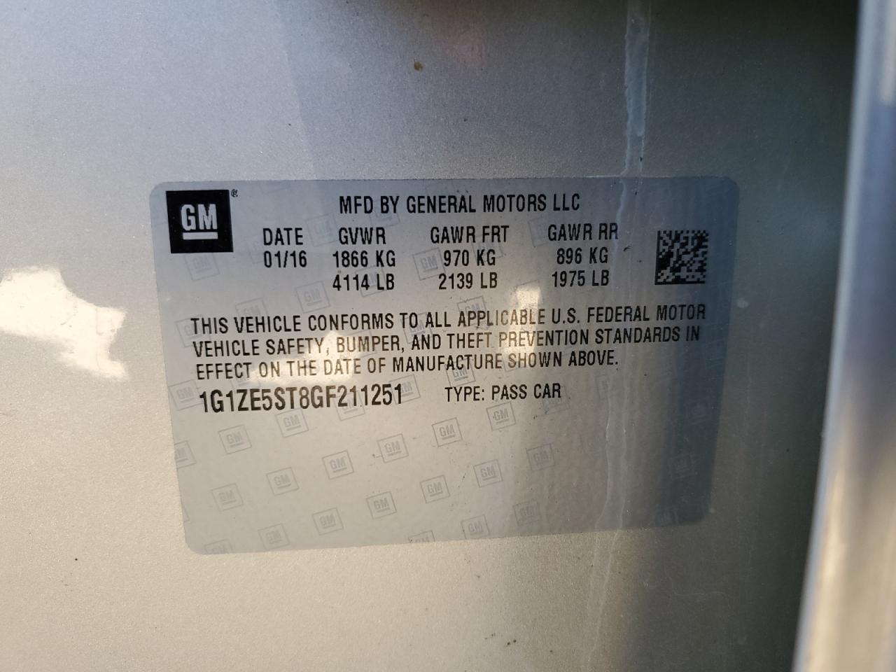 2016 Chevrolet Malibu VIN 1G1ZE5ST8GF211251 Copart auction photo, rear end damage thumbnail 12