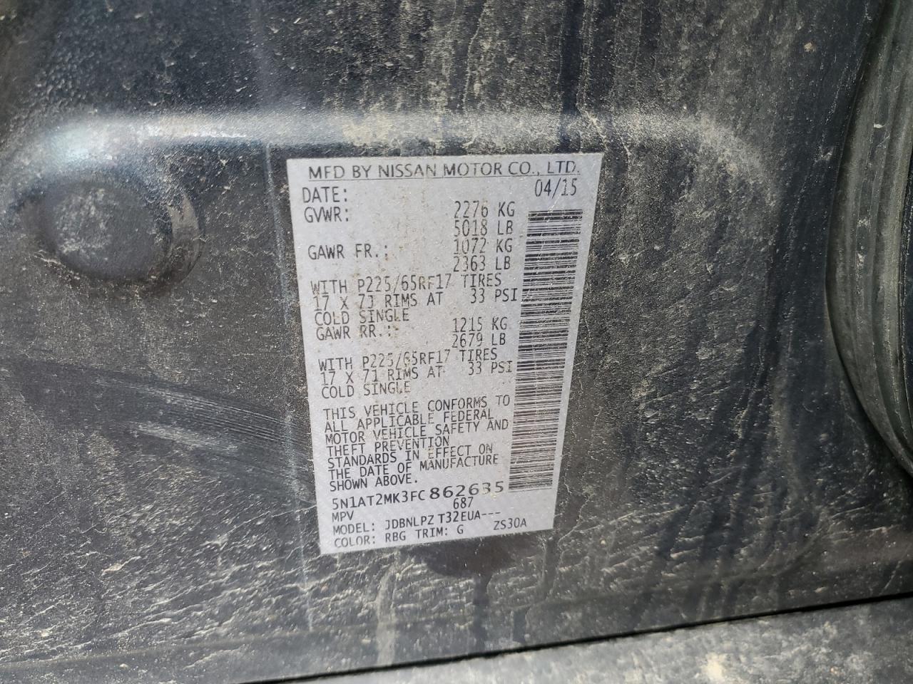 2015 Nissan Rogue VIN 5N1AT2MK3FC862635 Copart auction photo, front end / side damage thumbnail 13