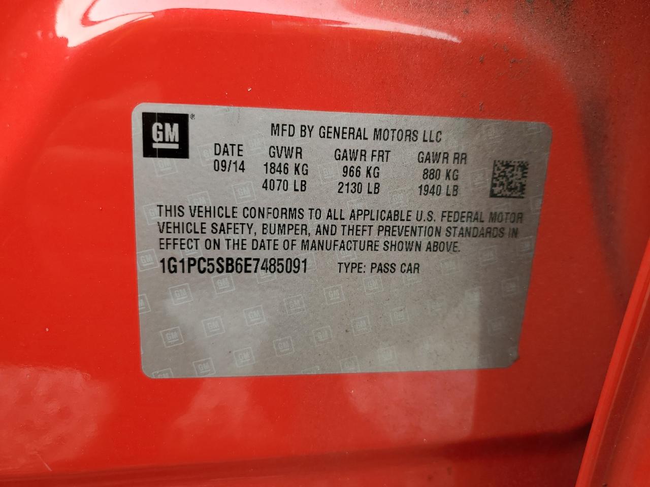 2014 Chevrolet Cruze VIN 1G1PC5SB6E7485091 Copart auction photo, front end damage thumbnail 12