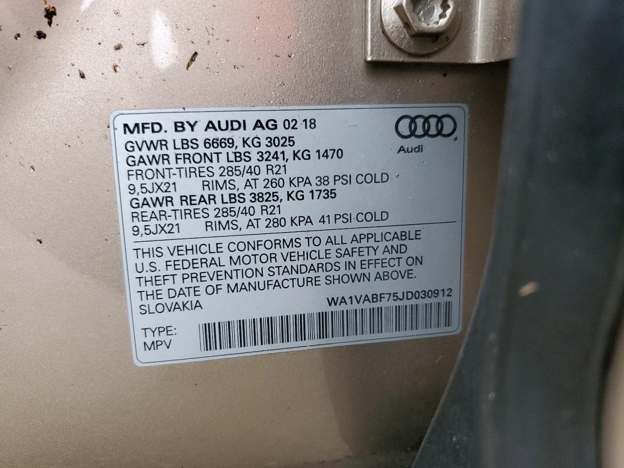 2018 Audi Q7 VIN WA1VABF75JD030912 Copart auction photo, water/flood damage thumbnail 14
