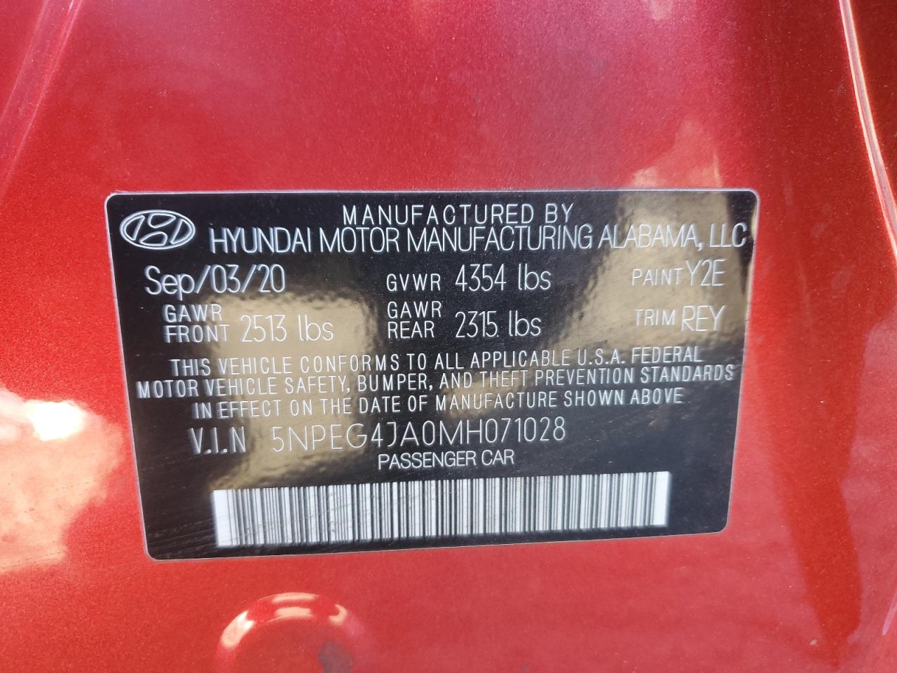 2021 Hyundai Sonata VIN 5NPEG4JA0MH071028 Copart auction photo, front end damage thumbnail 12