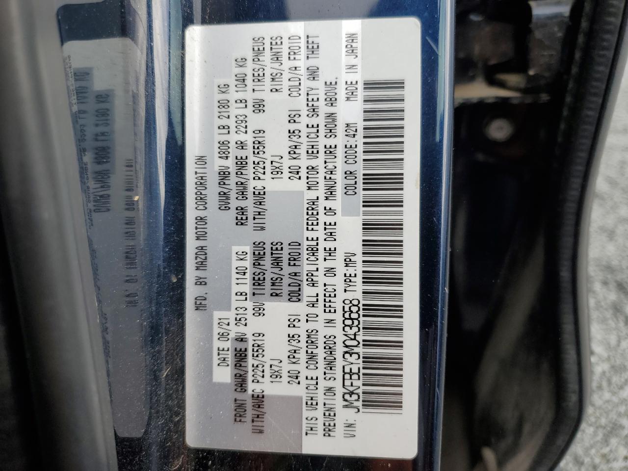 2021 Mazda CX-5 VIN JM3KFBEY3M0439658 Copart auction photo, top/roof damage thumbnail 13