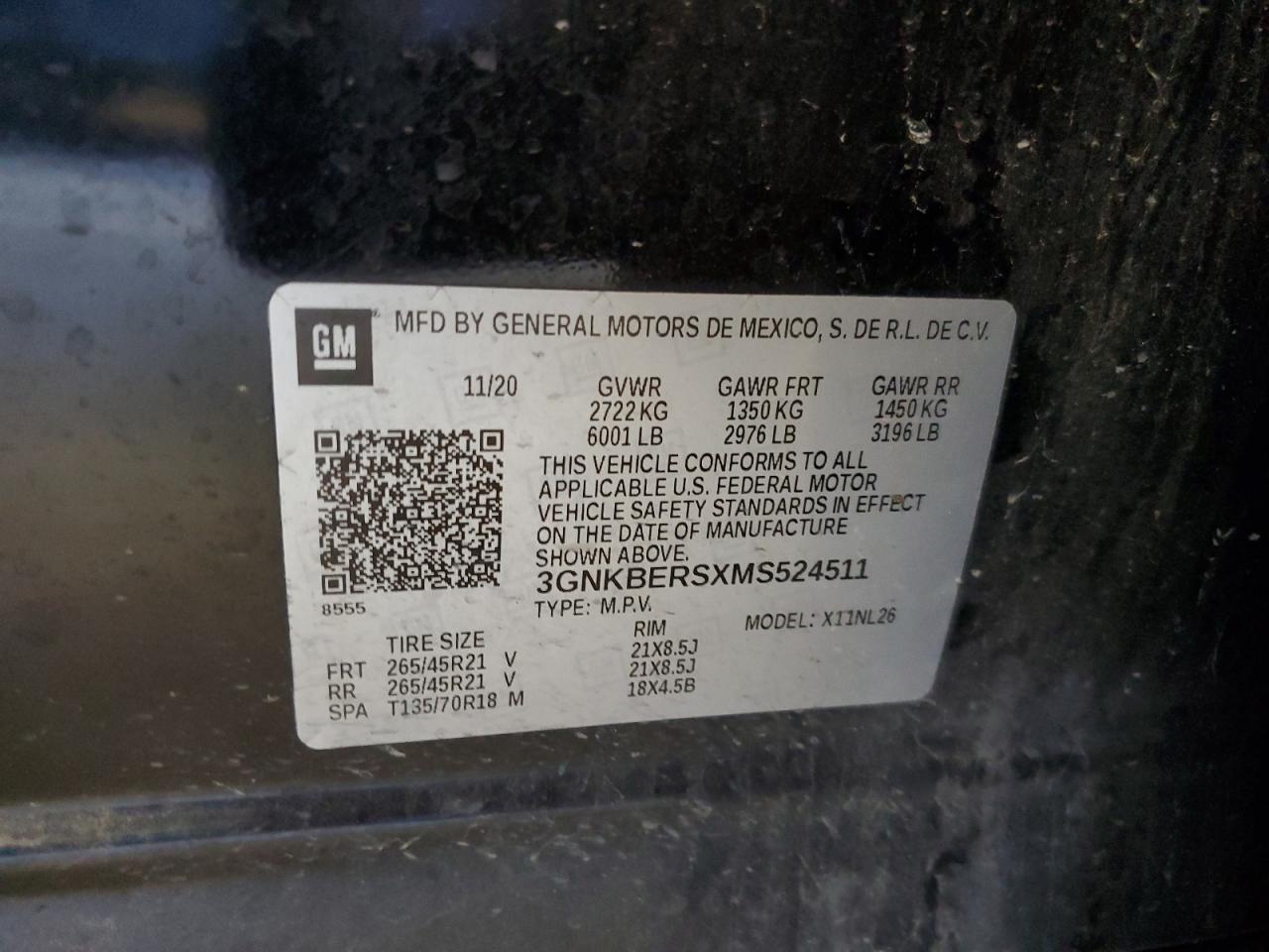 2021 Chevrolet Blazer VIN 3GNKBERSXMS524511 Copart auction photo, side / hail damage thumbnail 16