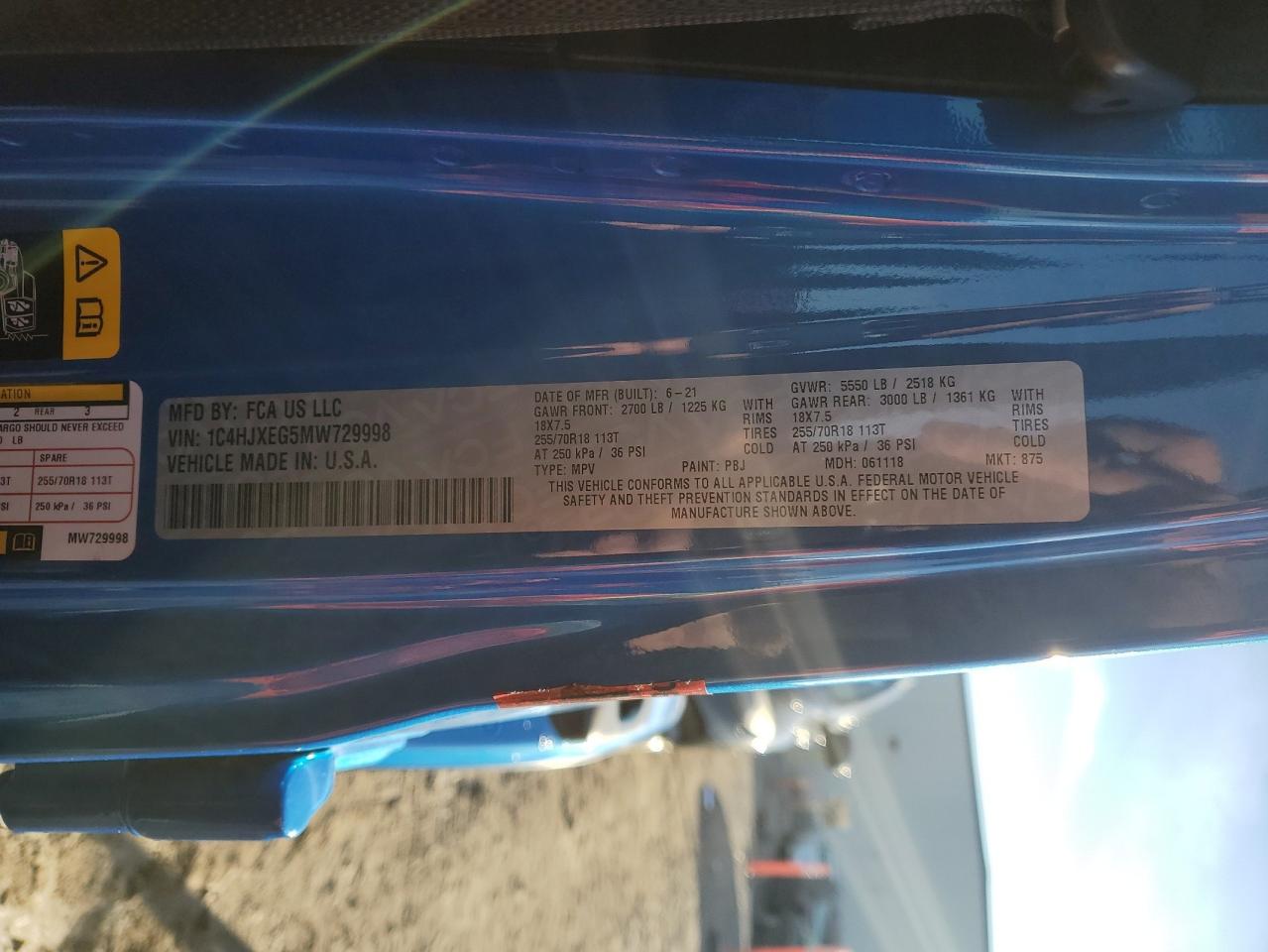 2021 Jeep Wrangler VIN 1C4HJXEG5MW729998 Copart auction photo, side damage thumbnail 12