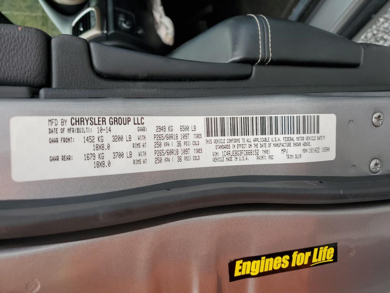 2015 Jeep Grand Cherokee VIN 1C4RJEBG3FC668152 Copart auction photo, front end / undercarriage damage thumbnail 16